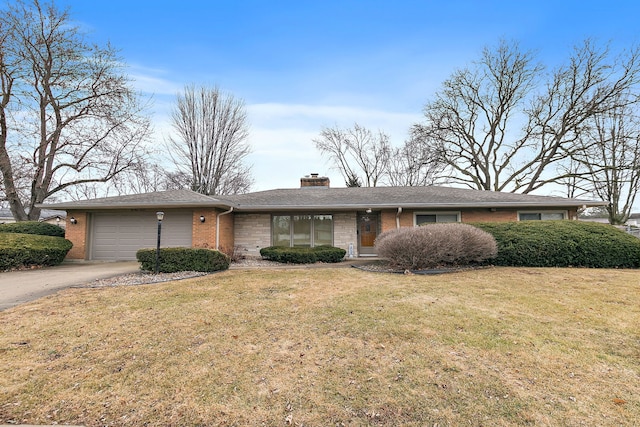 ranch-style house with a garage, brick siding, driveway, a chimney, and a front yard