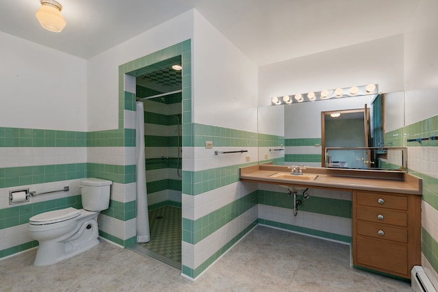 full bath featuring tile walls, toilet, baseboard heating, a sink, and a tile shower