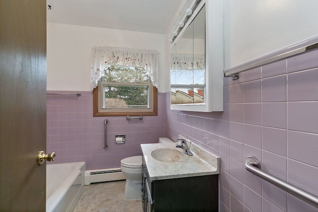 bathroom with a bathtub, tile walls, a baseboard radiator, toilet, and vanity