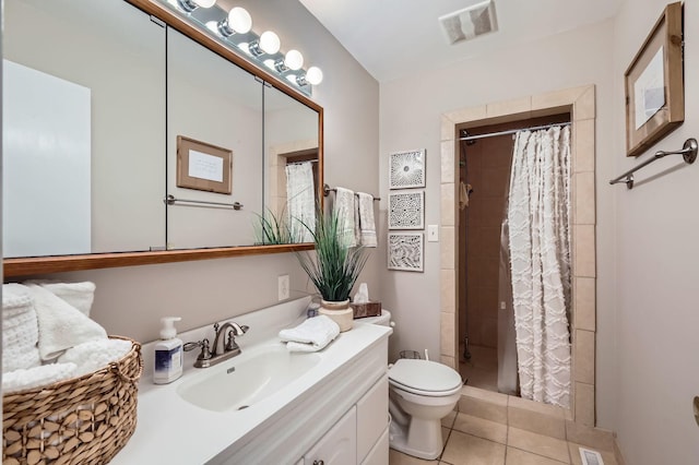 bathroom featuring vanity, visible vents, a shower stall, tile patterned floors, and toilet