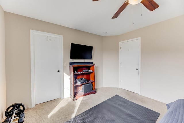 workout room featuring carpet floors and a ceiling fan