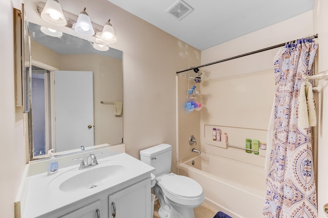 full bathroom with toilet, shower / bath combo, visible vents, and vanity