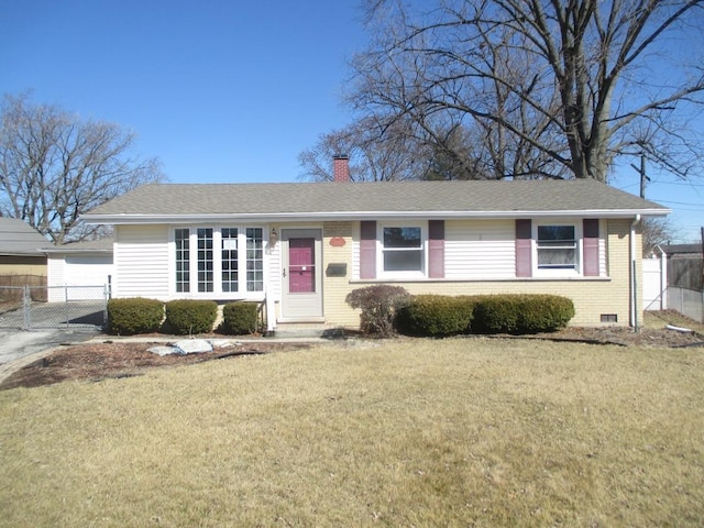 ranch-style house featuring brick siding, a chimney, a front yard, and fence