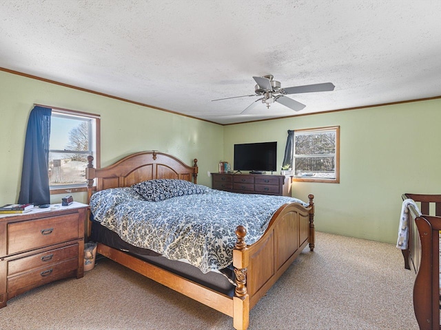 bedroom with light carpet, multiple windows, and crown molding