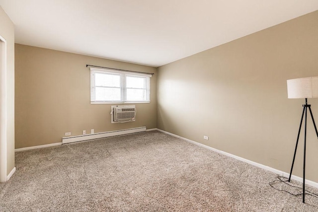 spare room with a baseboard radiator, carpet flooring, baseboards, and a wall mounted AC