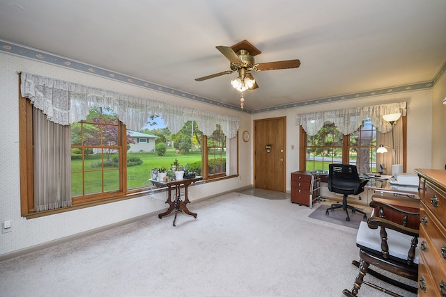 office featuring wallpapered walls, carpet flooring, a ceiling fan, and plenty of natural light