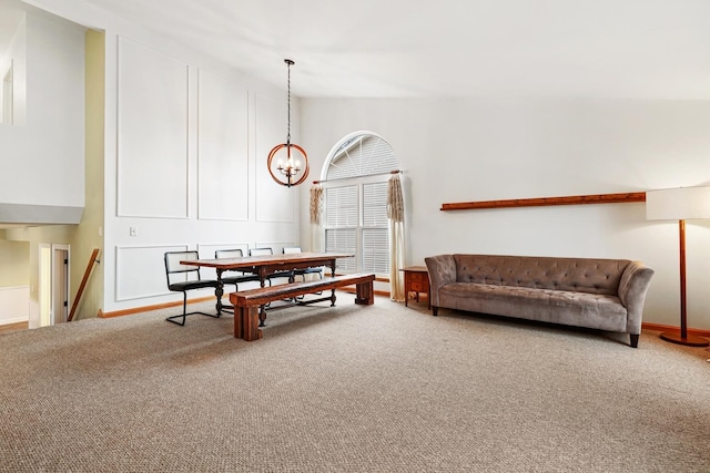 interior space with a chandelier and vaulted ceiling