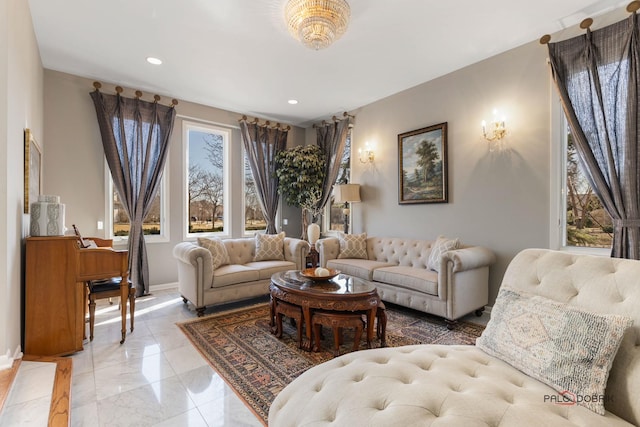 living room with recessed lighting and baseboards