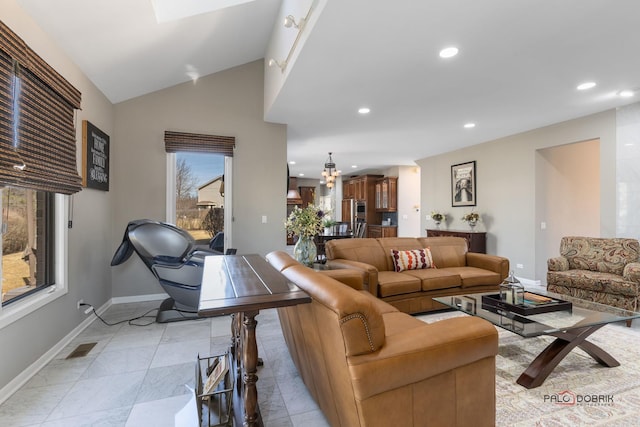 living area featuring visible vents, recessed lighting, baseboards, and vaulted ceiling