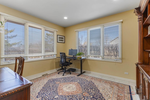 office with light tile patterned floors, recessed lighting, and baseboards