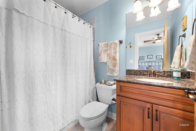 full bathroom featuring vanity, curtained shower, toilet, and ceiling fan