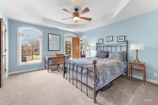 bedroom with multiple windows, baseboards, a raised ceiling, and carpet