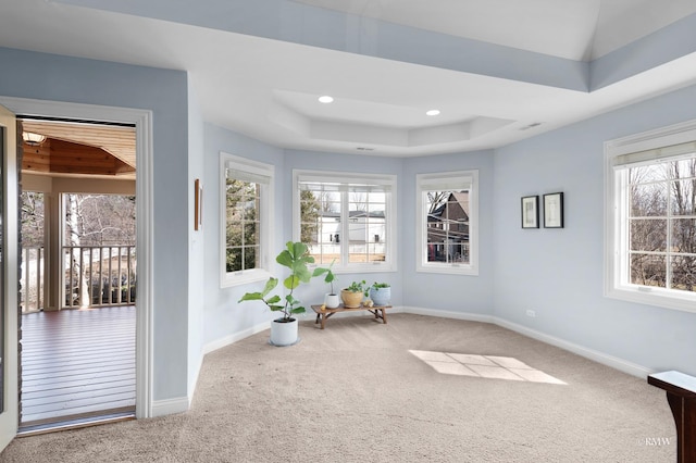 unfurnished room featuring a wealth of natural light, a tray ceiling, baseboards, and carpet