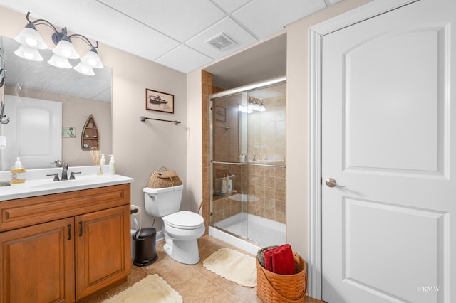 full bathroom featuring visible vents, toilet, a shower stall, tile patterned flooring, and vanity