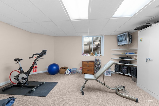 exercise area featuring a paneled ceiling, baseboards, and carpet floors