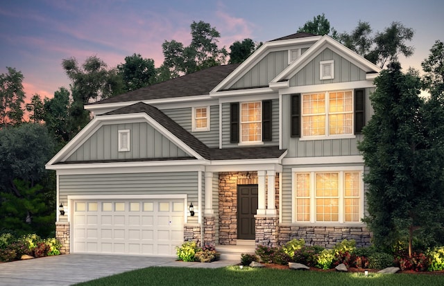 craftsman inspired home with board and batten siding, concrete driveway, and roof with shingles