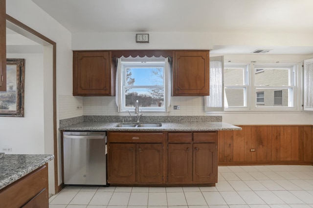 kitchen with dishwasher, a sink, visible vents, and decorative backsplash