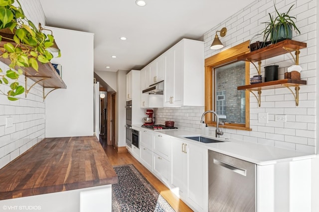 kitchen featuring open shelves, stainless steel appliances, under cabinet range hood, and a sink