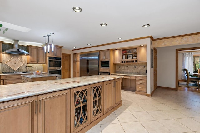 kitchen featuring light tile patterned floors, stainless steel appliances, wall chimney range hood, open shelves, and crown molding