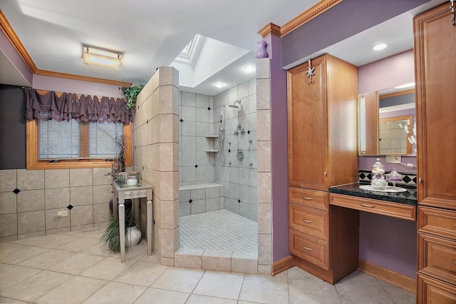 full bathroom featuring a skylight, crown molding, tile walls, tiled shower, and tile patterned floors