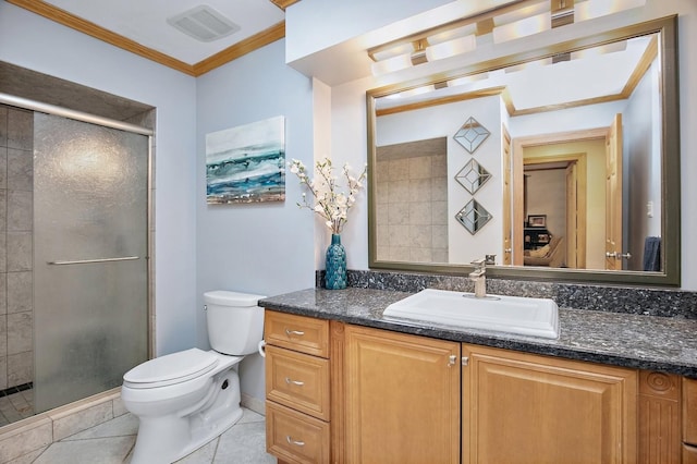 bathroom with a stall shower, visible vents, toilet, ornamental molding, and vanity