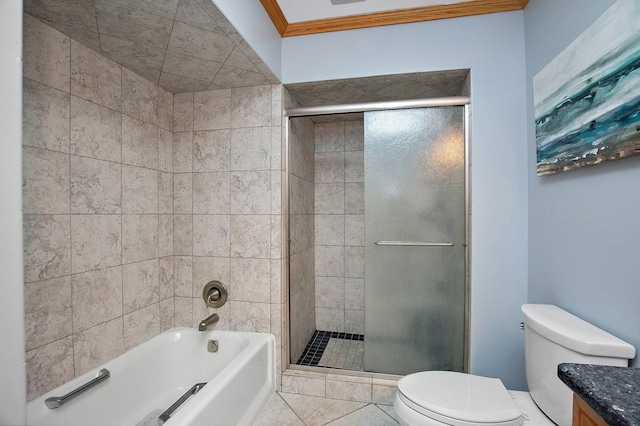 full bathroom featuring toilet, crown molding, a shower with door, and a tub