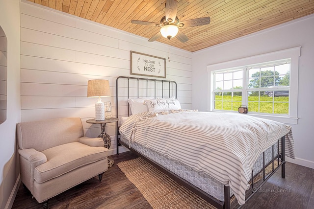 bedroom with wooden ceiling, baseboards, and wood finished floors