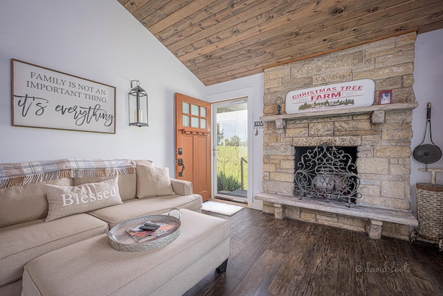 living room featuring lofted ceiling, wooden ceiling, a fireplace, and wood finished floors