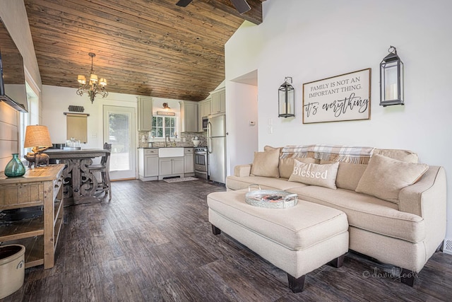 living room with dark wood-style floors, wood ceiling, high vaulted ceiling, and ceiling fan with notable chandelier