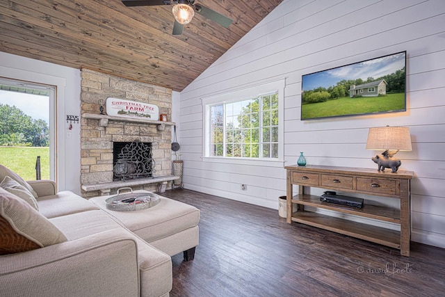 living room featuring wooden ceiling, dark wood-style floors, plenty of natural light, and vaulted ceiling