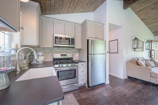 kitchen featuring vaulted ceiling with beams, a sink, appliances with stainless steel finishes, dark wood-style floors, and dark countertops