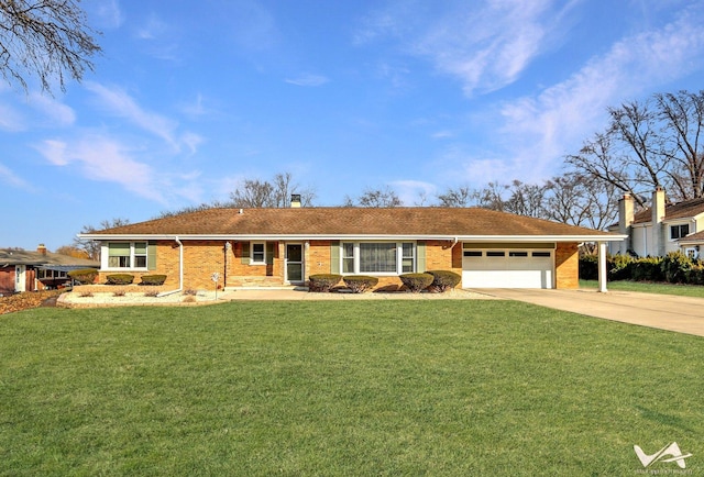 ranch-style house featuring a garage, concrete driveway, brick siding, and a front yard