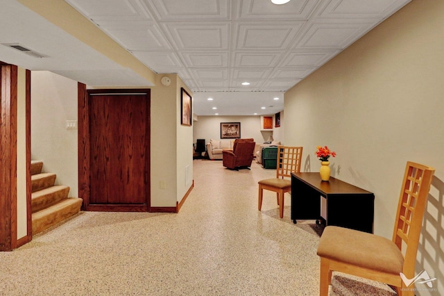 interior space with baseboards, stairway, visible vents, and recessed lighting