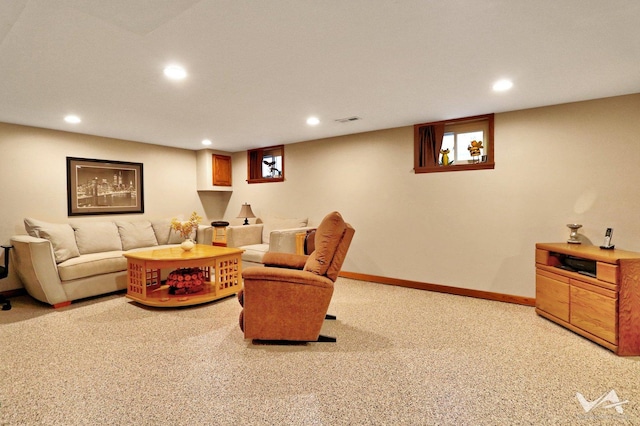 living area featuring recessed lighting, visible vents, light carpet, and baseboards