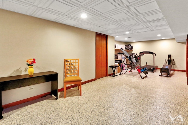 workout room with baseboards, an ornate ceiling, and recessed lighting