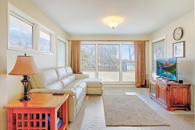 living area featuring light carpet