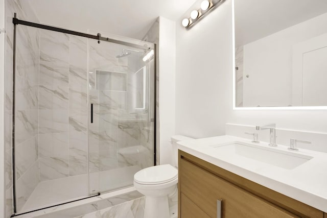 full bathroom with a marble finish shower, marble finish floor, vanity, and toilet