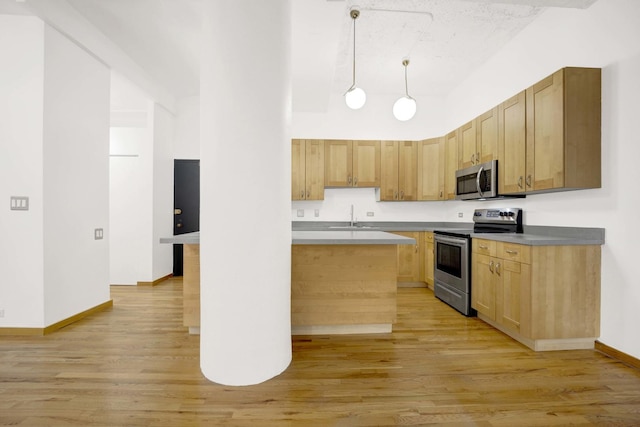 kitchen with hanging light fixtures, light wood-style flooring, appliances with stainless steel finishes, a sink, and baseboards