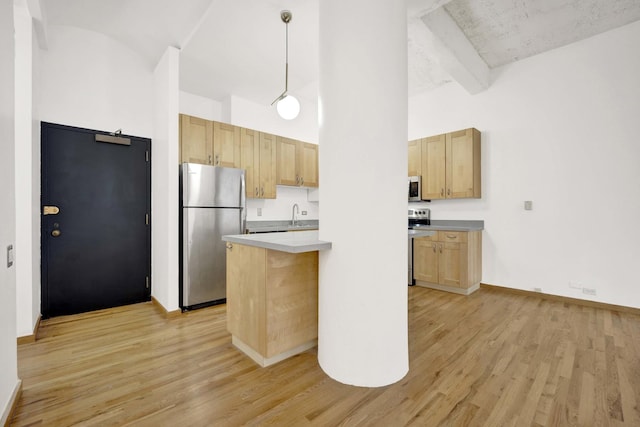 kitchen with light wood-style floors, a high ceiling, appliances with stainless steel finishes, and a sink