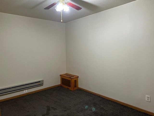 carpeted spare room featuring baseboards, ceiling fan, and baseboard heating