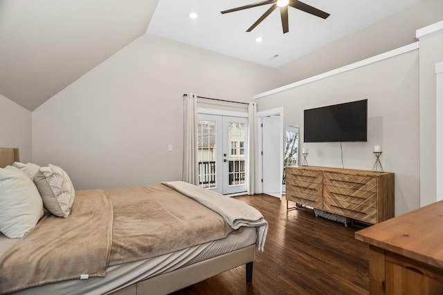 bedroom with access to exterior, french doors, lofted ceiling, a ceiling fan, and wood finished floors