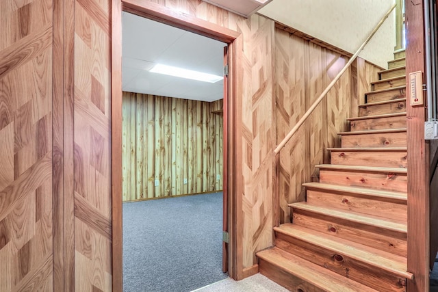 staircase featuring carpet floors and wood walls