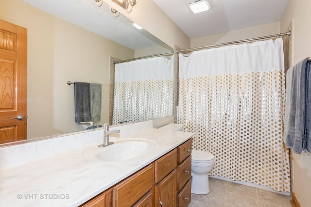 full bathroom with toilet, vanity, a shower with shower curtain, and tile patterned floors