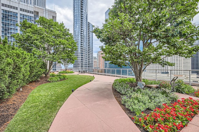 view of community featuring a city view and a lawn