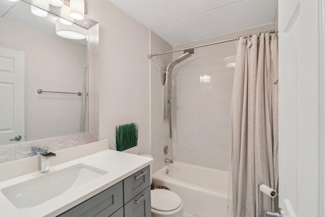 full bathroom with vanity, toilet, shower / bathtub combination with curtain, and visible vents