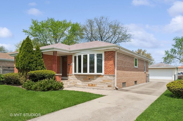 6938 W Jonquil Ter, Niles, IL 60714 - single story home with an outdoor structure, brick siding, a front yard, a detached garage, and stone siding