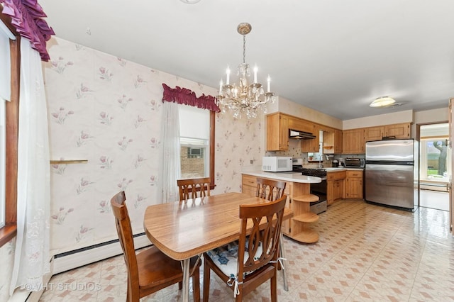 6938 W Jonquil Ter, Niles, IL 60714 - dining area featuring a baseboard radiator, wallpapered walls, a chandelier, baseboard heating, and healthy amount of natural light