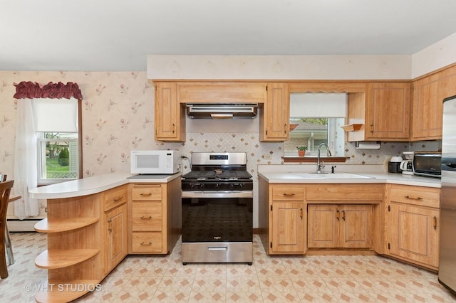 6938 W Jonquil Ter, Niles, IL 60714 - kitchen with appliances with stainless steel finishes, open shelves, a sink, a peninsula, and light countertops