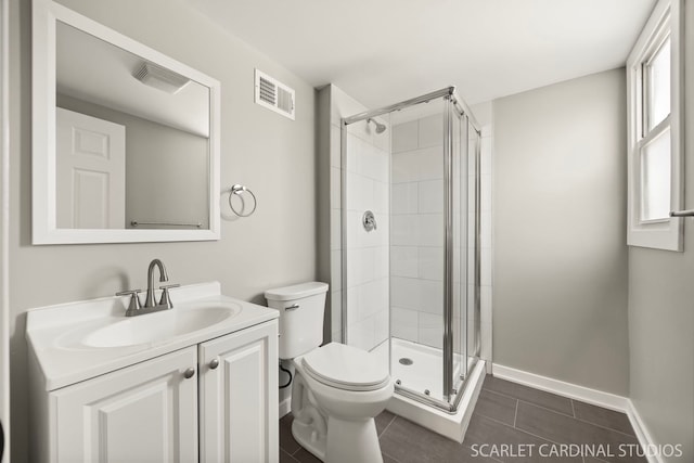 bathroom featuring visible vents, a stall shower, toilet, and vanity