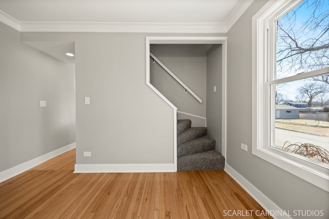 stairs with a wealth of natural light, crown molding, and wood finished floors